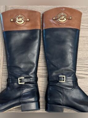 Michael Kors Black and Brown Leather Riding Boots with Gold Logo